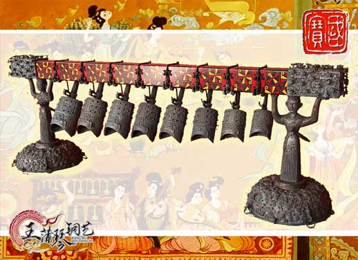 8件古編鐘，銅人銅座裝飾，可發(fā)音